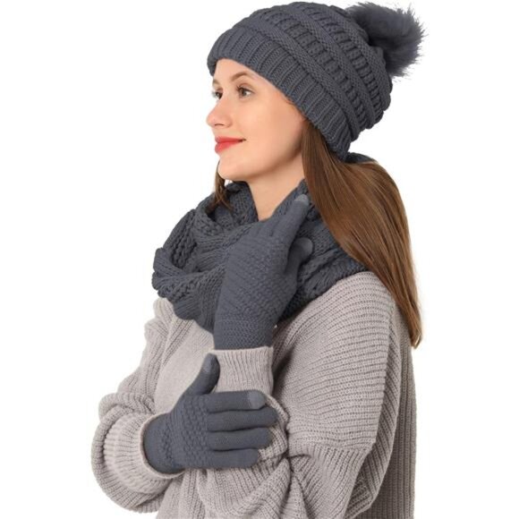 3pcs Women's Winter Beanie Hat Scarf and Touch Screen Gloves Set - Picture 1 of 5